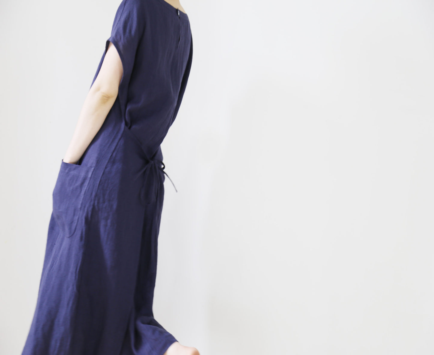 edoa Plus Size Navy Blue Washed Linen Dress 