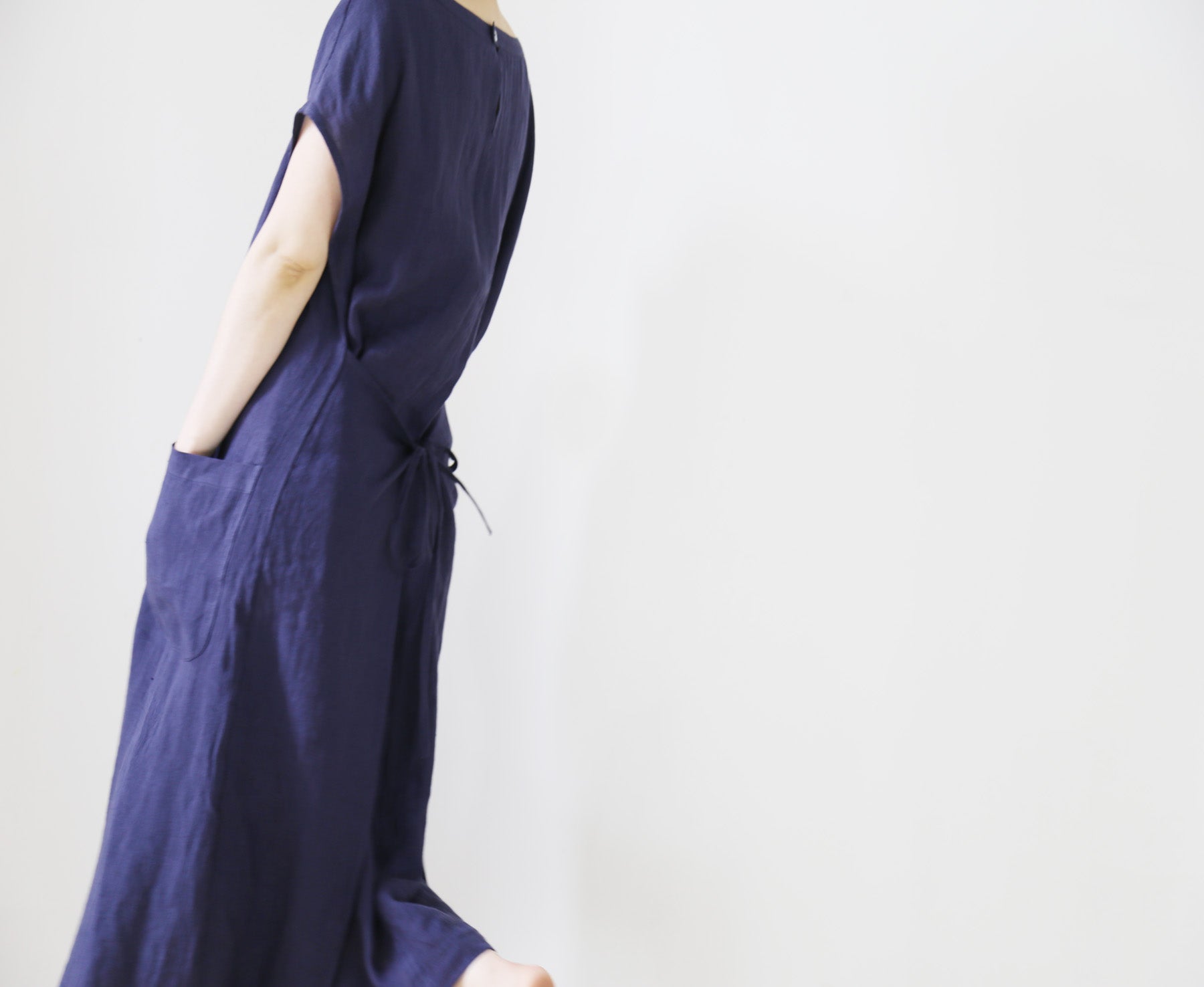 edoa Plus Size Navy Blue Washed Linen Dress 