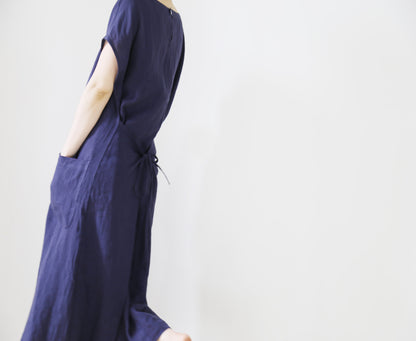 edoa Plus Size Navy Blue Washed Linen Dress 