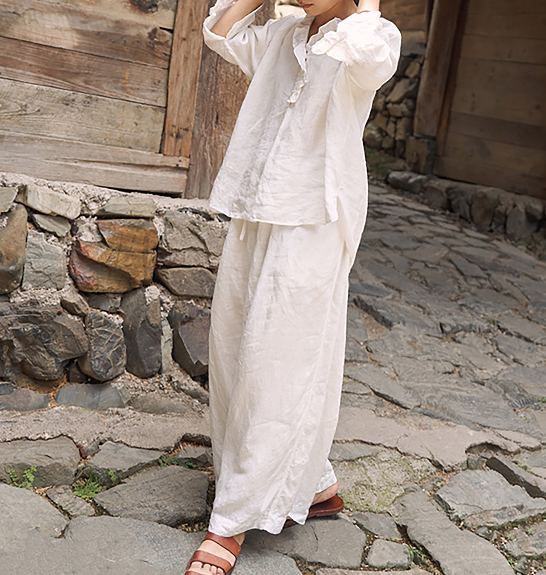 edoa White Linen Wide-leg Pants
