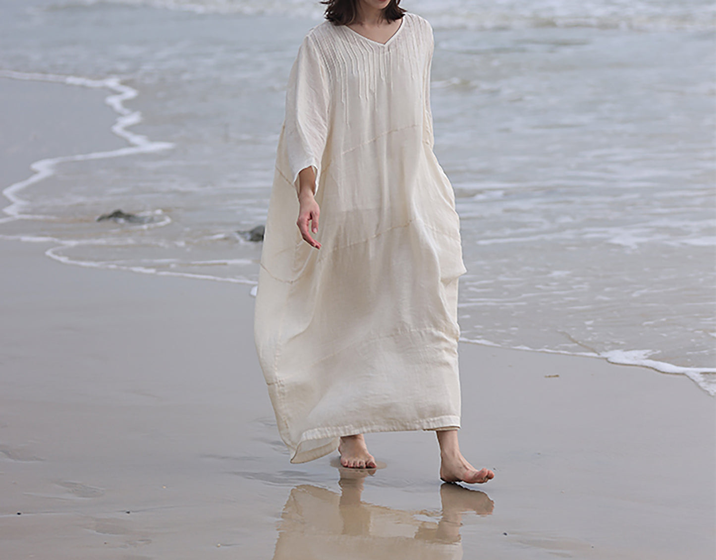 edoa Oversized Hand Pintucked Linen Ankle-length Dress