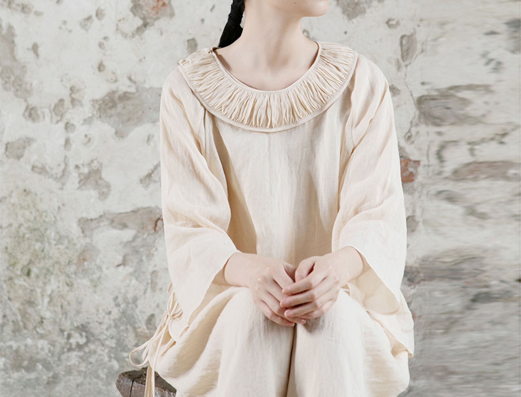 edoa Detachable Ruffle Collar Ramie Flared Blouse