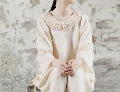 edoa Detachable Ruffle Collar Ramie Flared Blouse