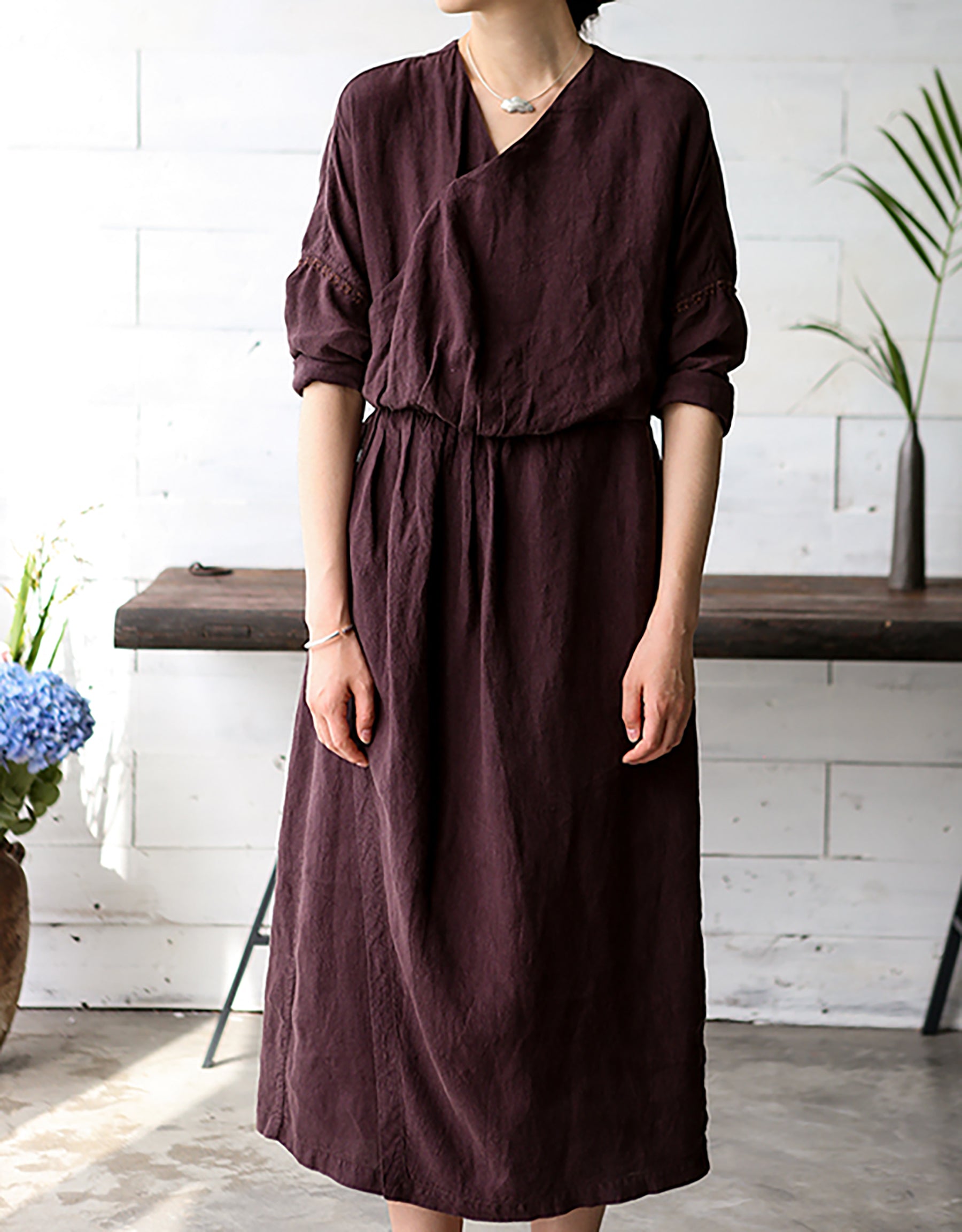 edoa Linen Wrap Dress with Hand Embroidery