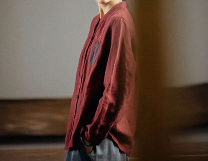 edoa Stand Collar Blouse with Hand Embroidery