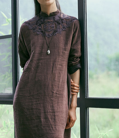 edoa Washed Linen Applique Qipao Dress