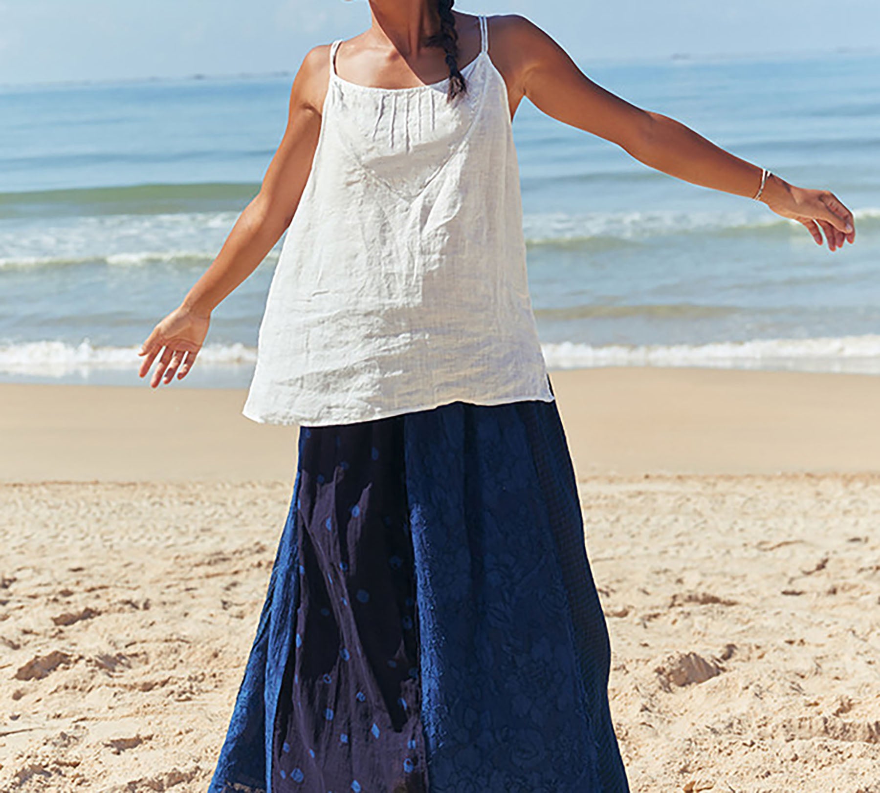 edoa Thin Linen Twin-Strap Cami Top with Pintucks