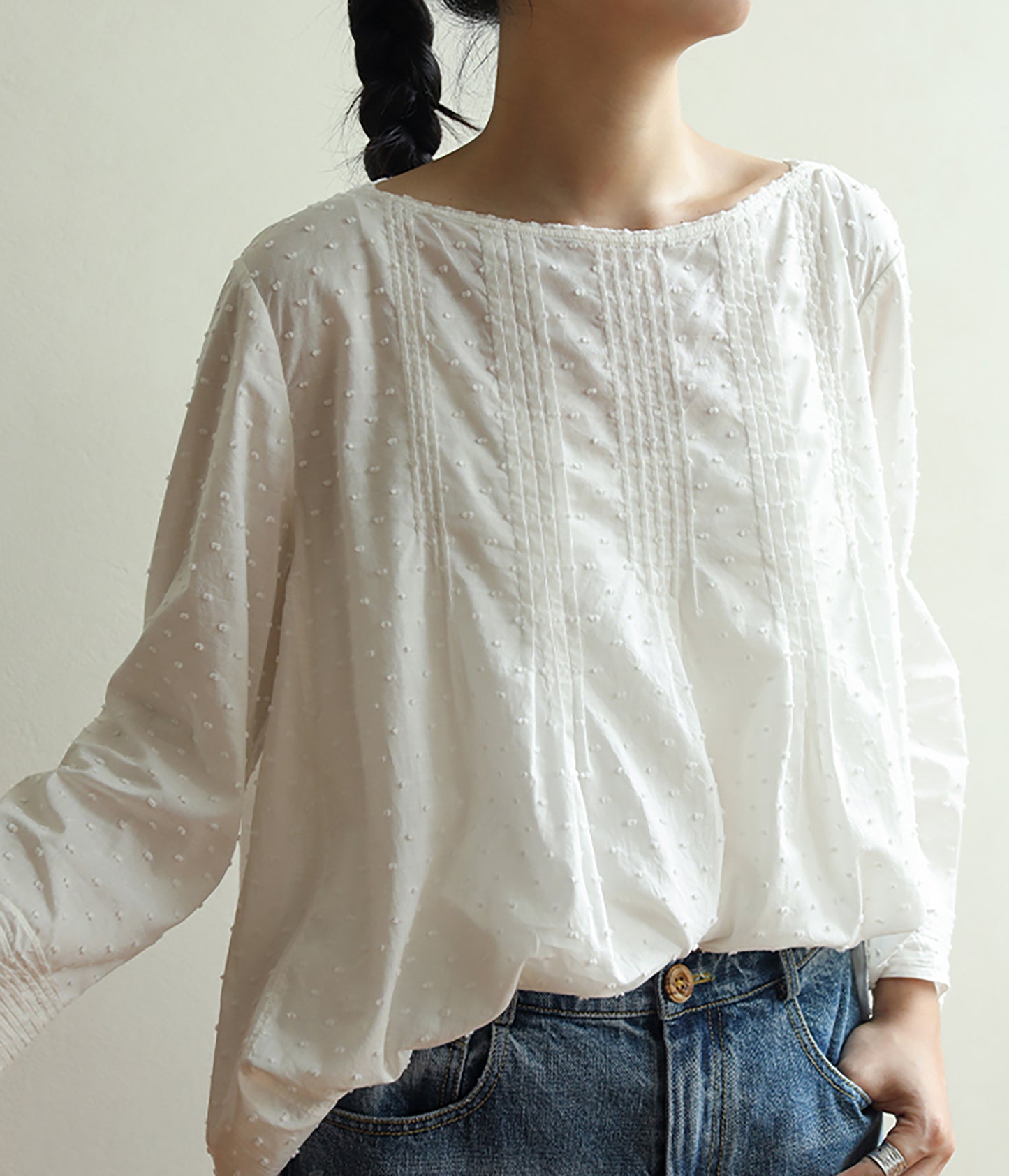 edoa Flocked Polka Dot Cotton Pintuck Blouse