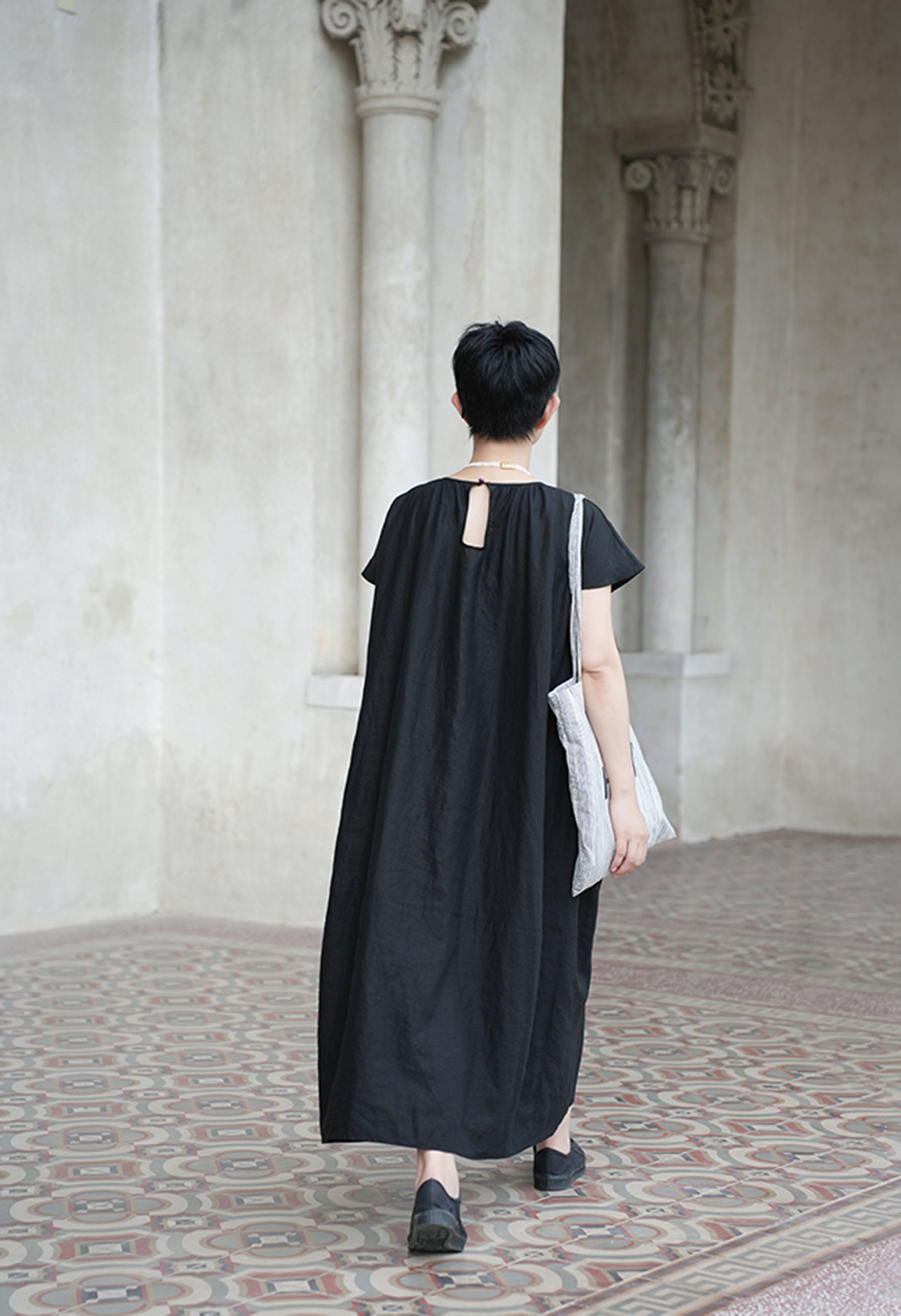 edoa Loose Linen Gathered Cocoon Dress