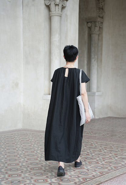 edoa Loose Linen Gathered Cocoon Dress