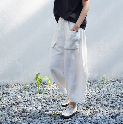 edoa White Linen Cargo Pants