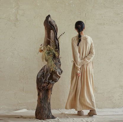 edoa Natural Raw TussaH Silk Smocking Shirt Dress