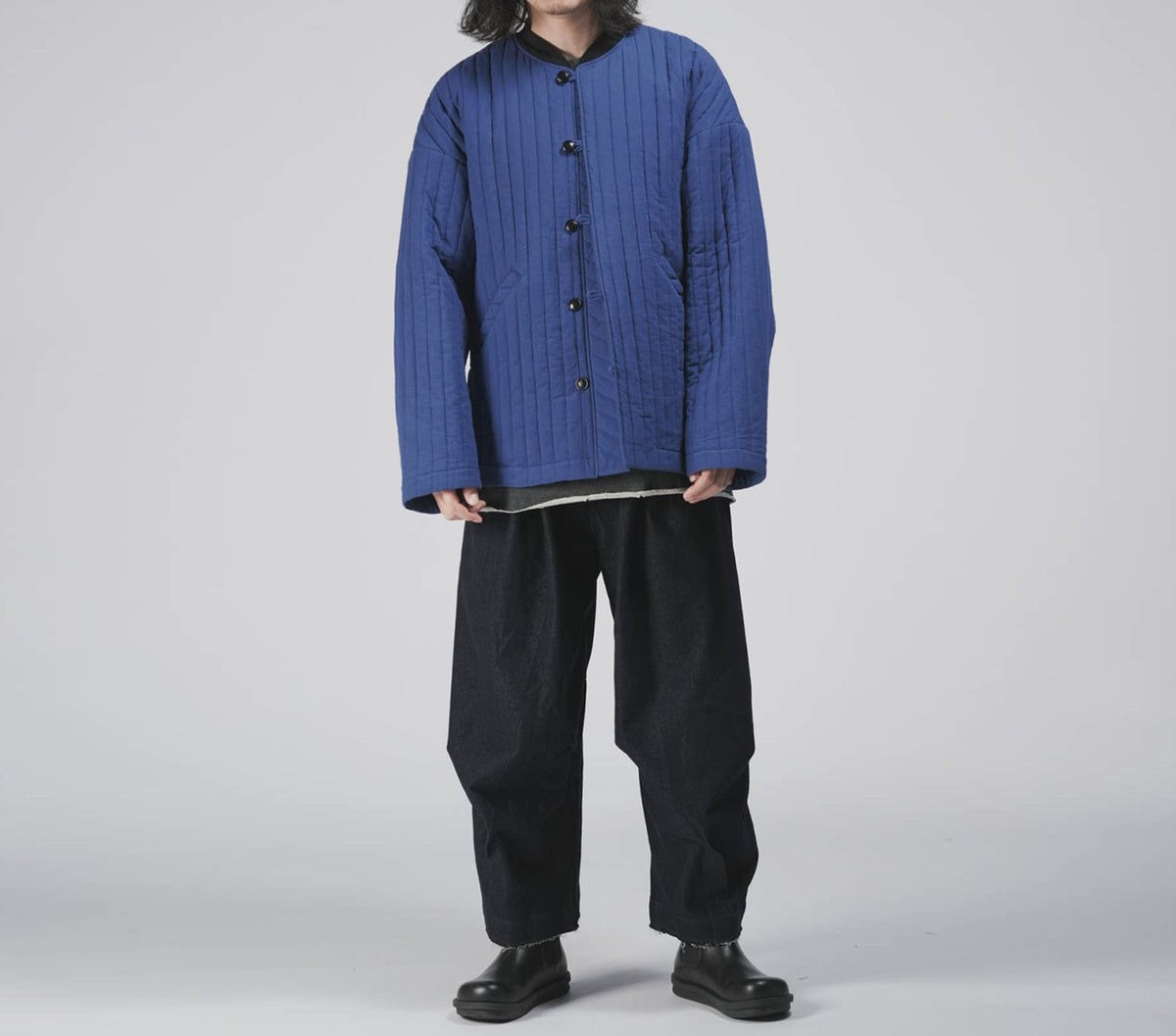 edoa Blue Linen blend Quilted Chinese Style Padded Jacket