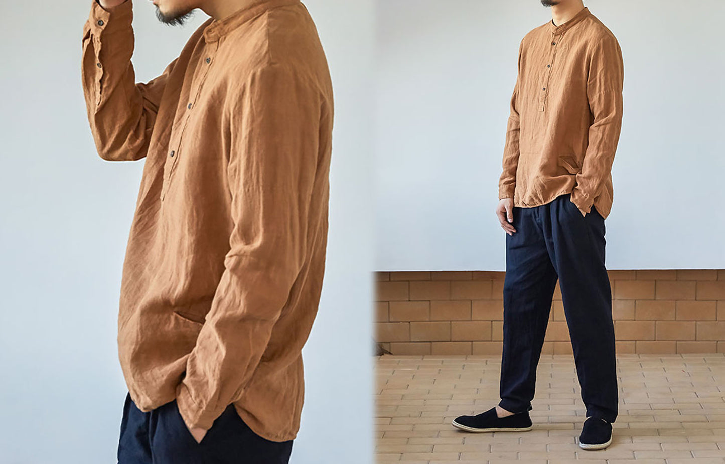 edoa Stand Collar Washed Linen Shirt 