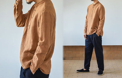 edoa Stand Collar Washed Linen Shirt 