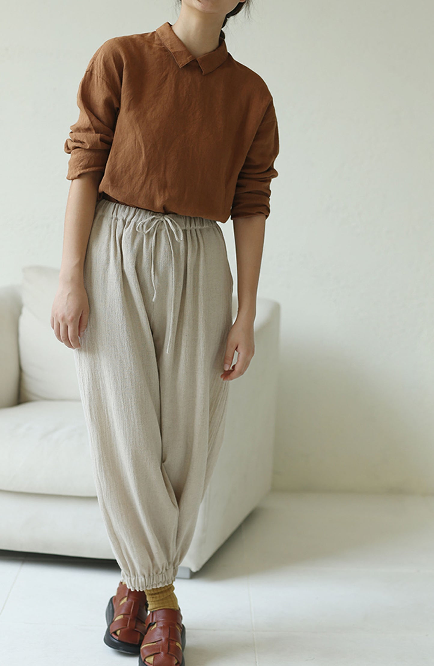 edoa Washed Linen Long Sleeve Blouse