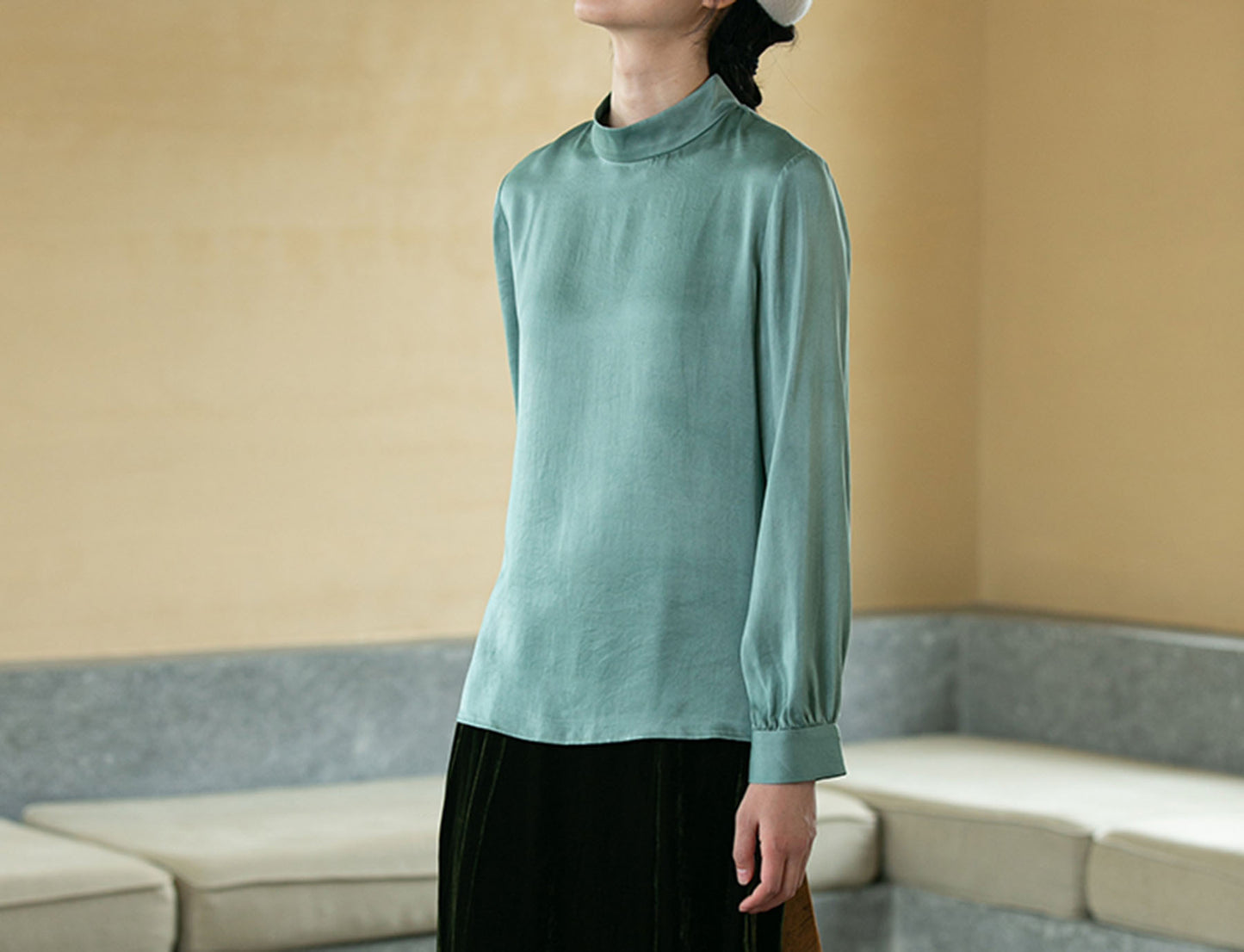 edoa Silk Satin High Collar Blouse