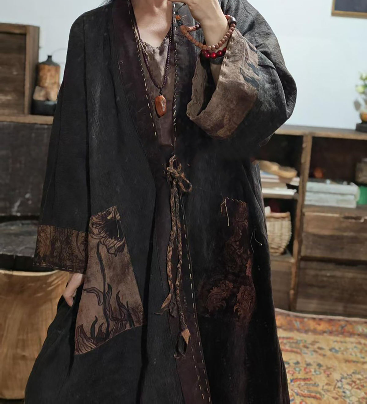 Reversible Mud Silk Linen Blend Jacquard Kimono Coat co0244 X336