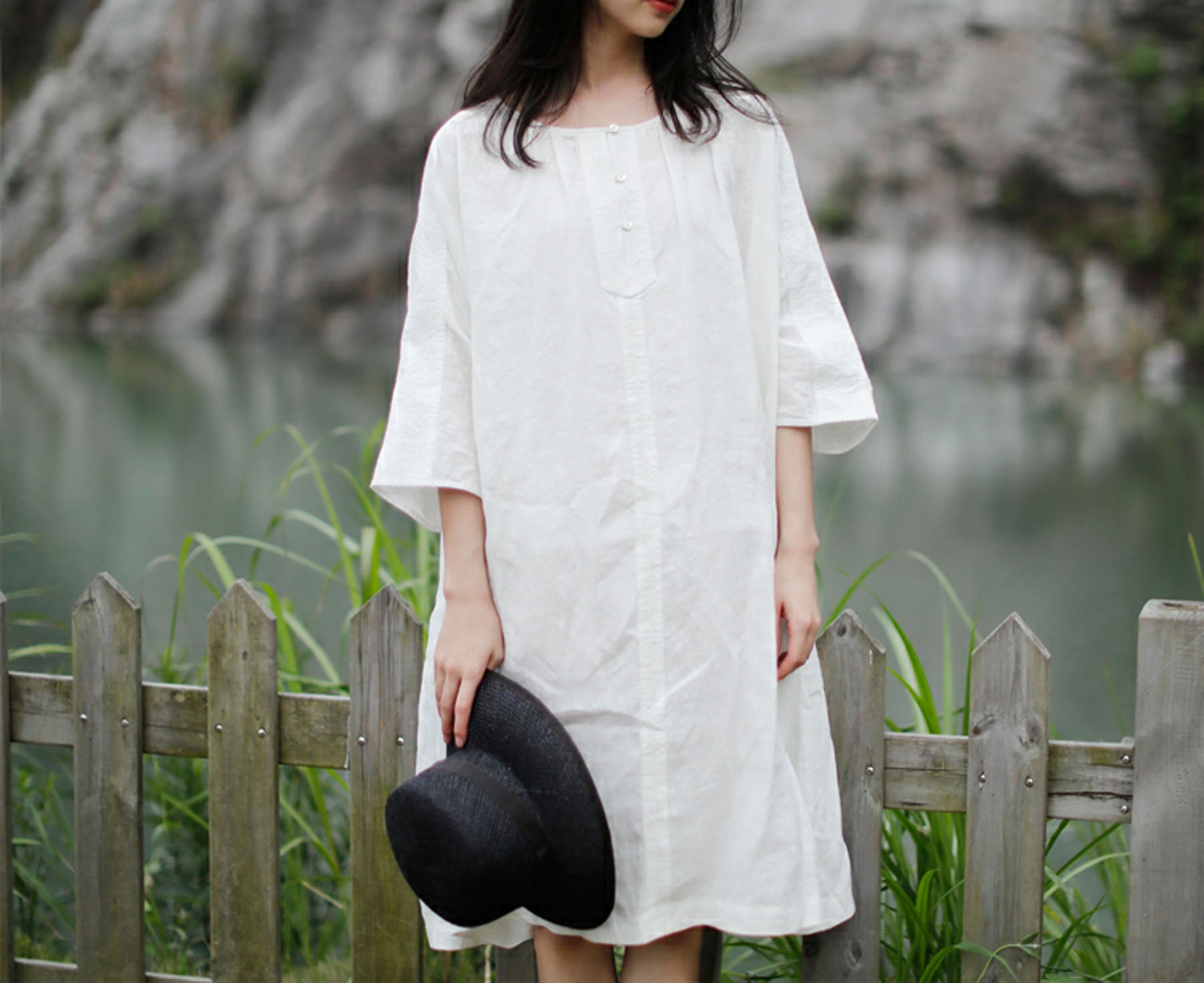 edoa 3/4 sleeves A-line Linen Tunic