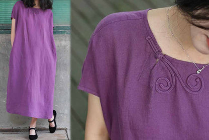 edoa Purple Ramie Dress with Chinese Knotted Butterfly Buttons