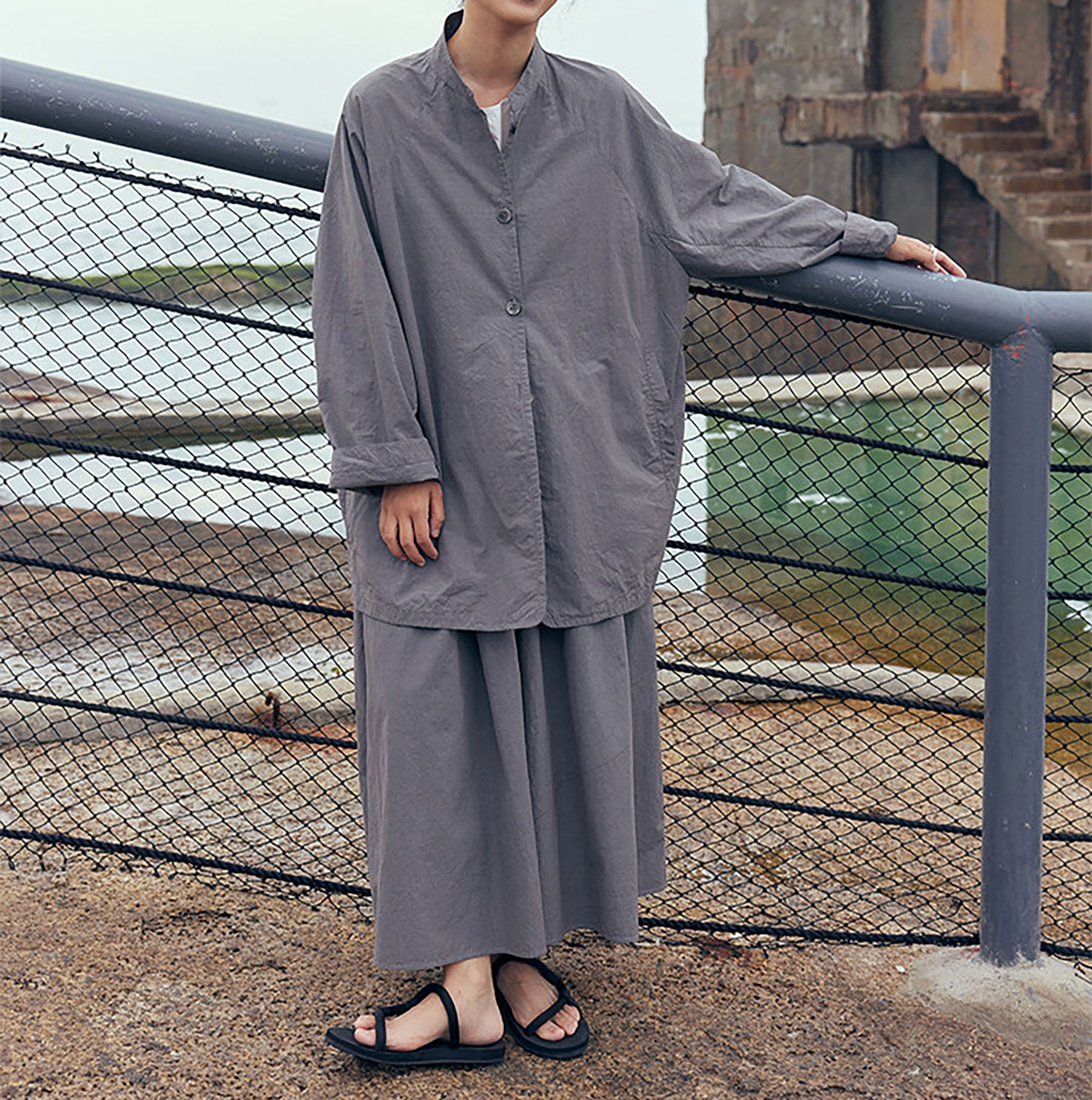 edoa Gray Loose Fitting High Densit Sun-dried Cotton Oriental Tang Jacket