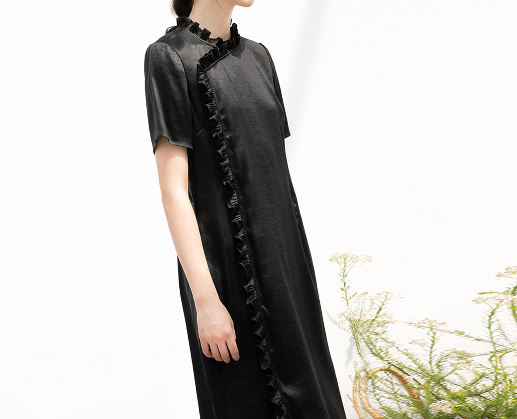 edoa Mud Silk Charmeuse Ruffle Qipao