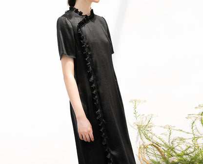 edoa Mud Silk Charmeuse Ruffle Qipao