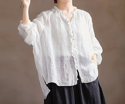 edoa Oversized High Count Hemp Ruffle Blouse