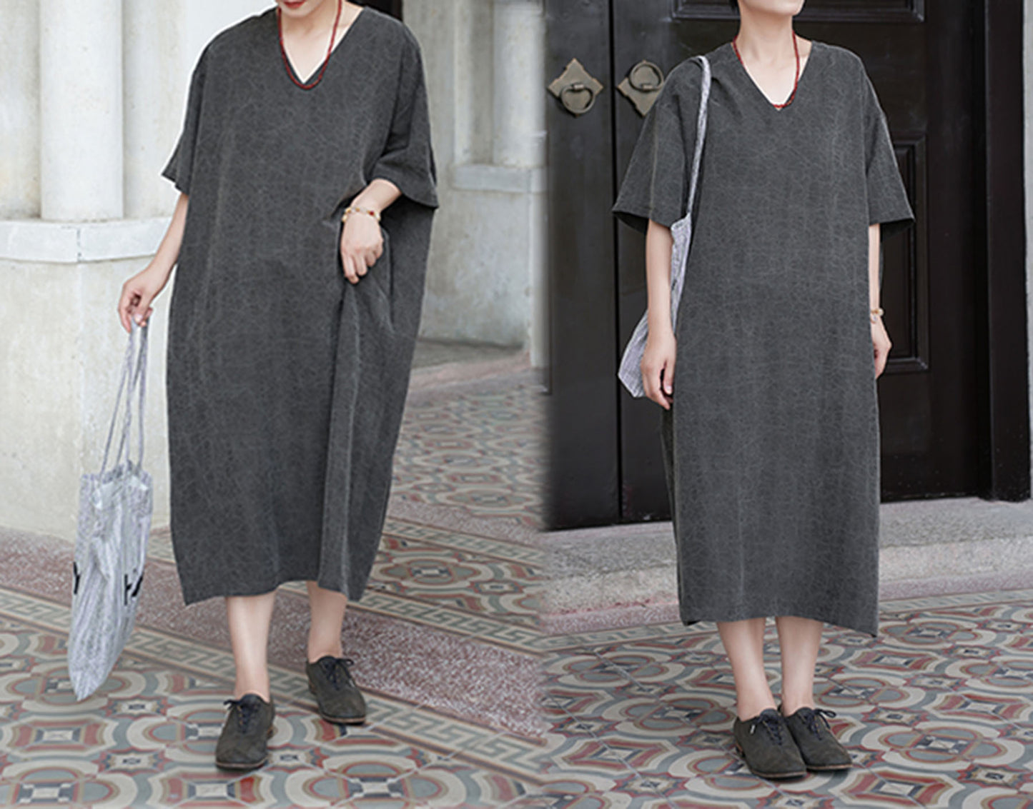 edoa Cracked Mud Silk V-neck Dress