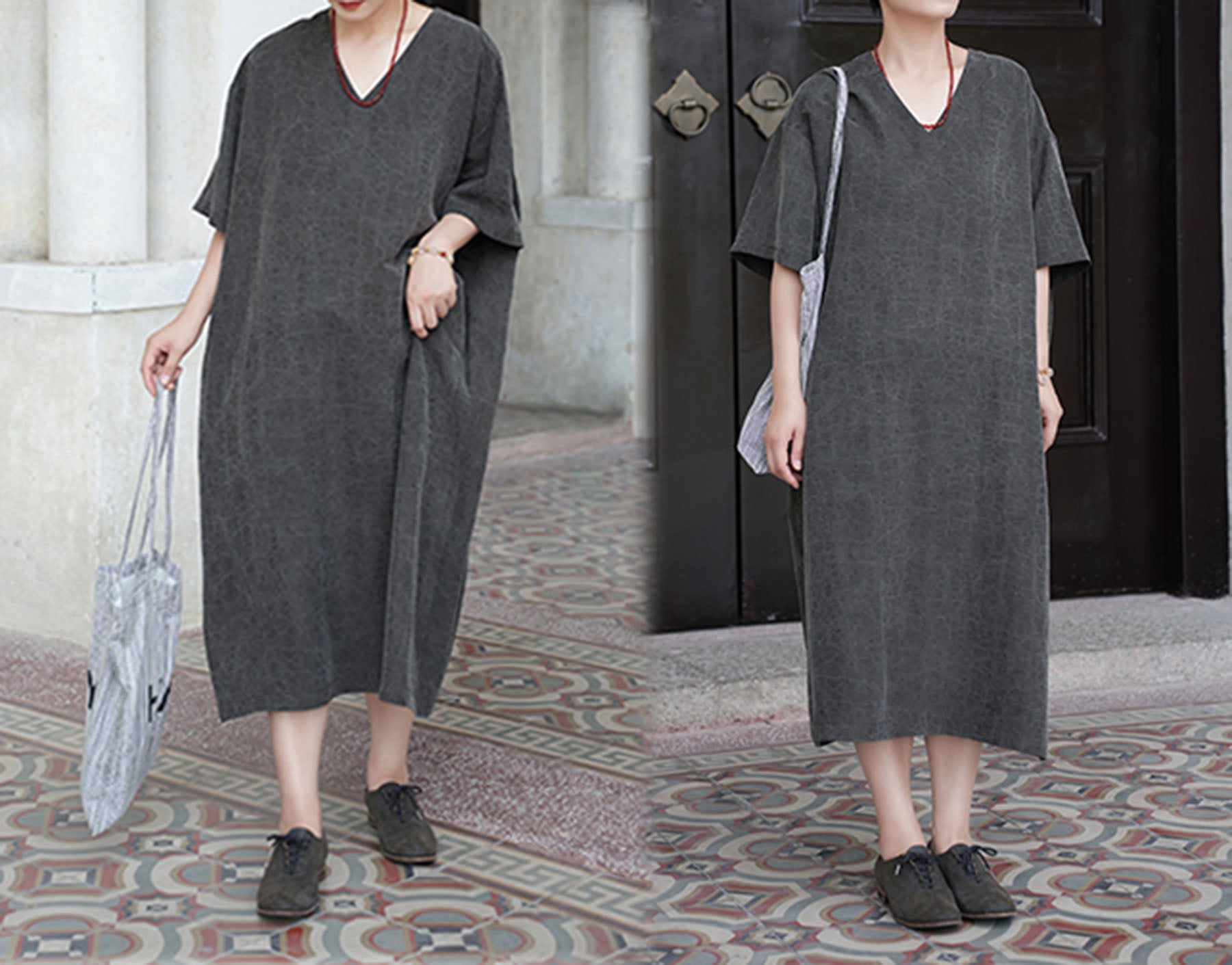 edoa Cracked Mud Silk V-neck Dress