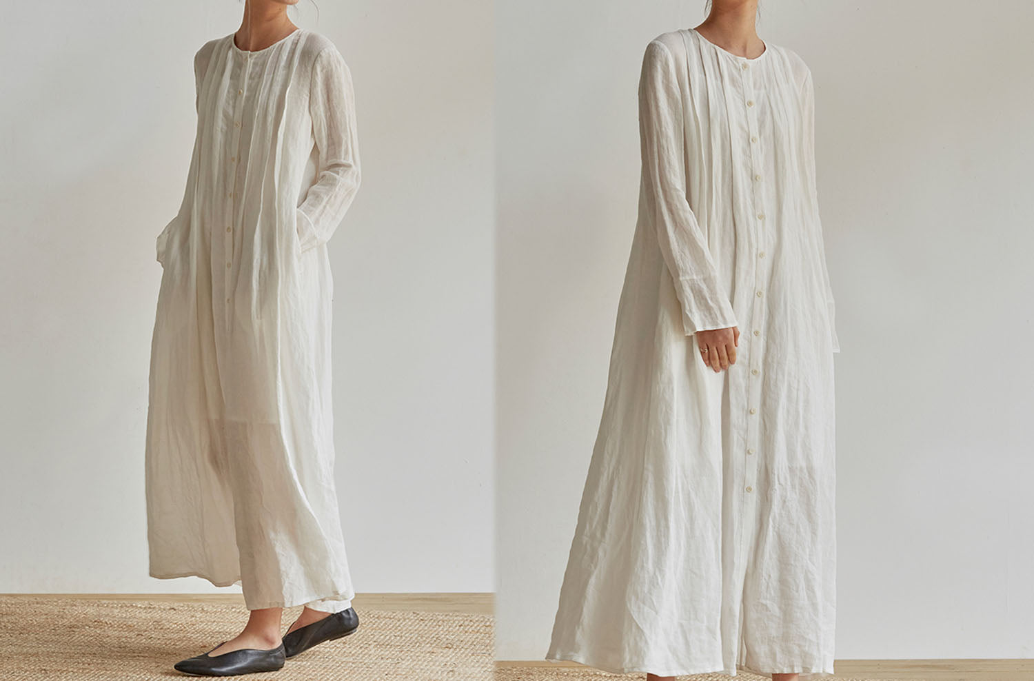 edoa Pleated French Linen 2 Way Maxi Coat Dress