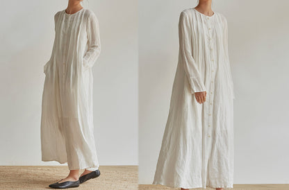 edoa Pleated French Linen 2 Way Maxi Coat Dress