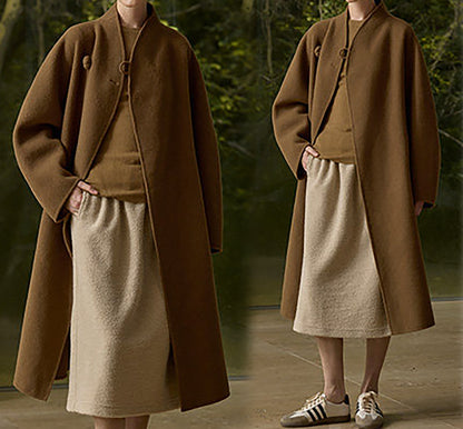 edoa New Chinese Style Double-faced Wool Long Coat