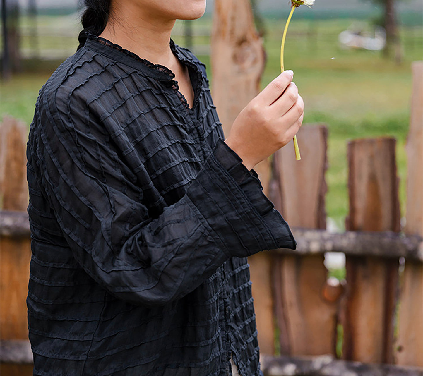edoa Long Sleeve Ramie Pintuck Ruffle Blouse
