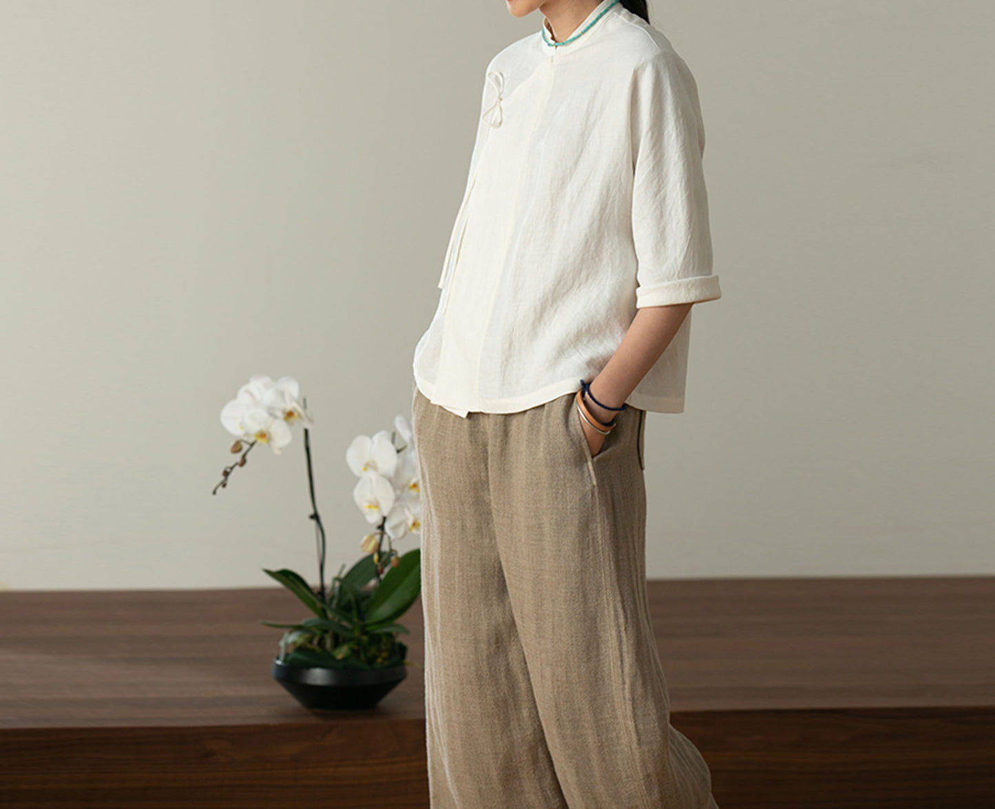 edoa Washed Linen Modified Chinese Blouse 