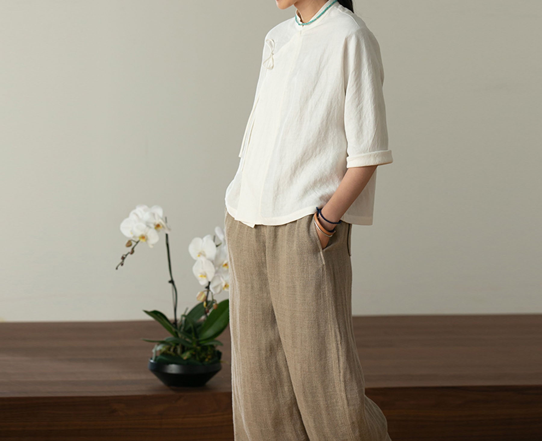 edoa Washed Linen Modified Chinese Blouse 