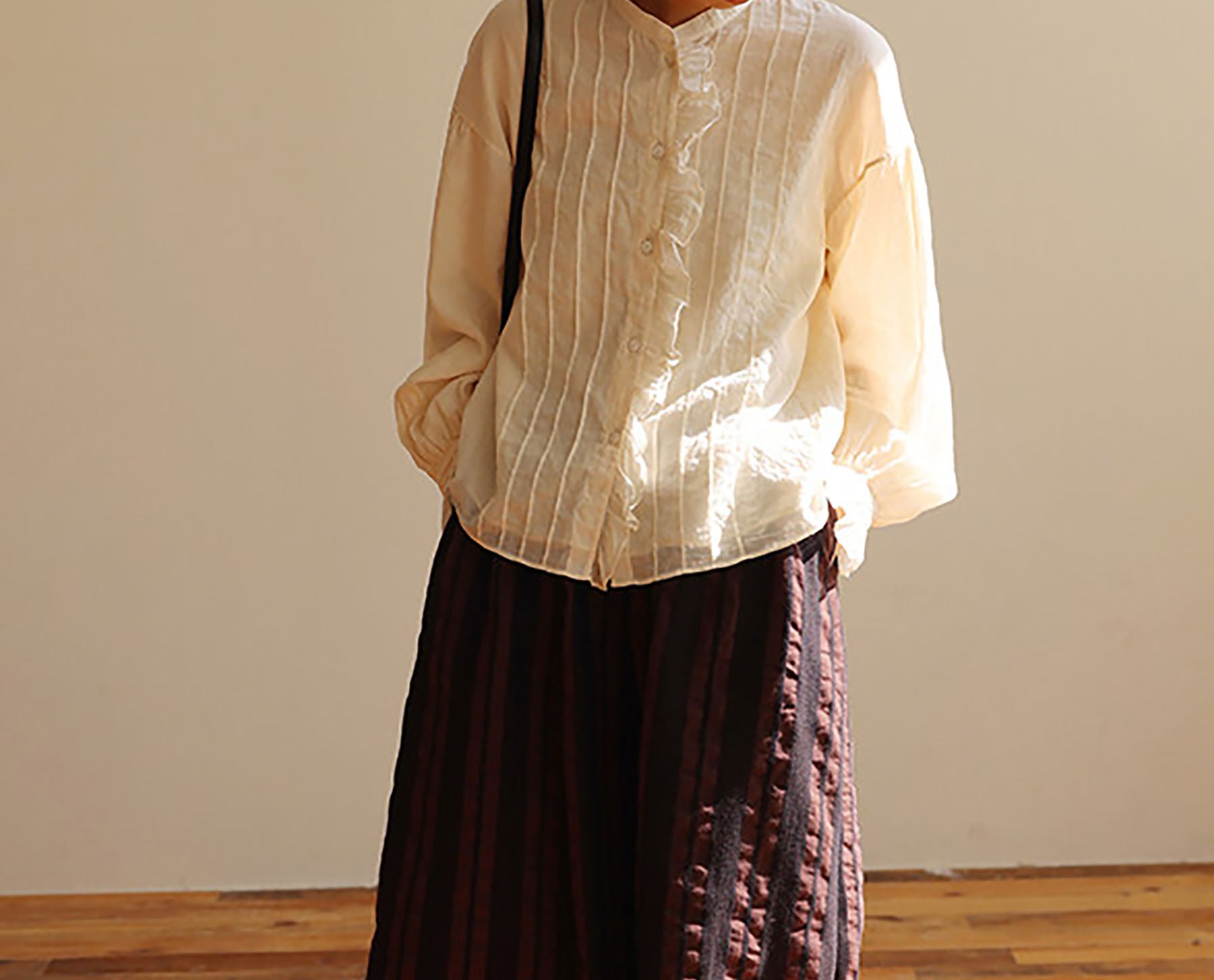 edoa Elegant Double-layer High Counted Long Staple Cotton Pintucked Ruffle Blouse
