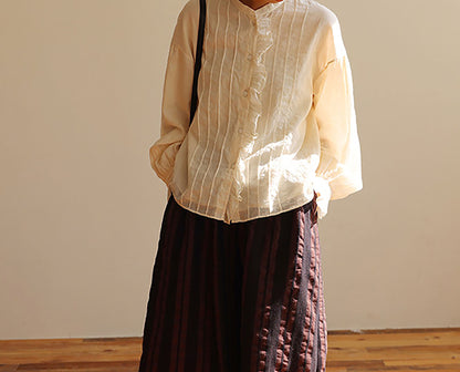 edoa Elegant Double-layer High Counted Long Staple Cotton Pintucked Ruffle Blouse