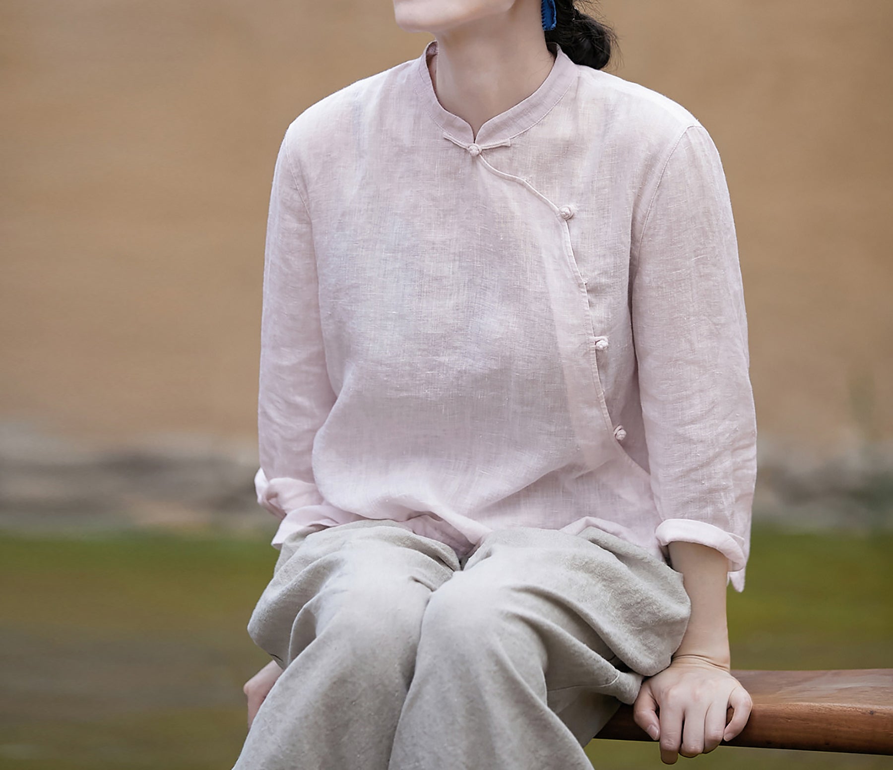 edoa Pink Linen Chinese Qipao Blouse