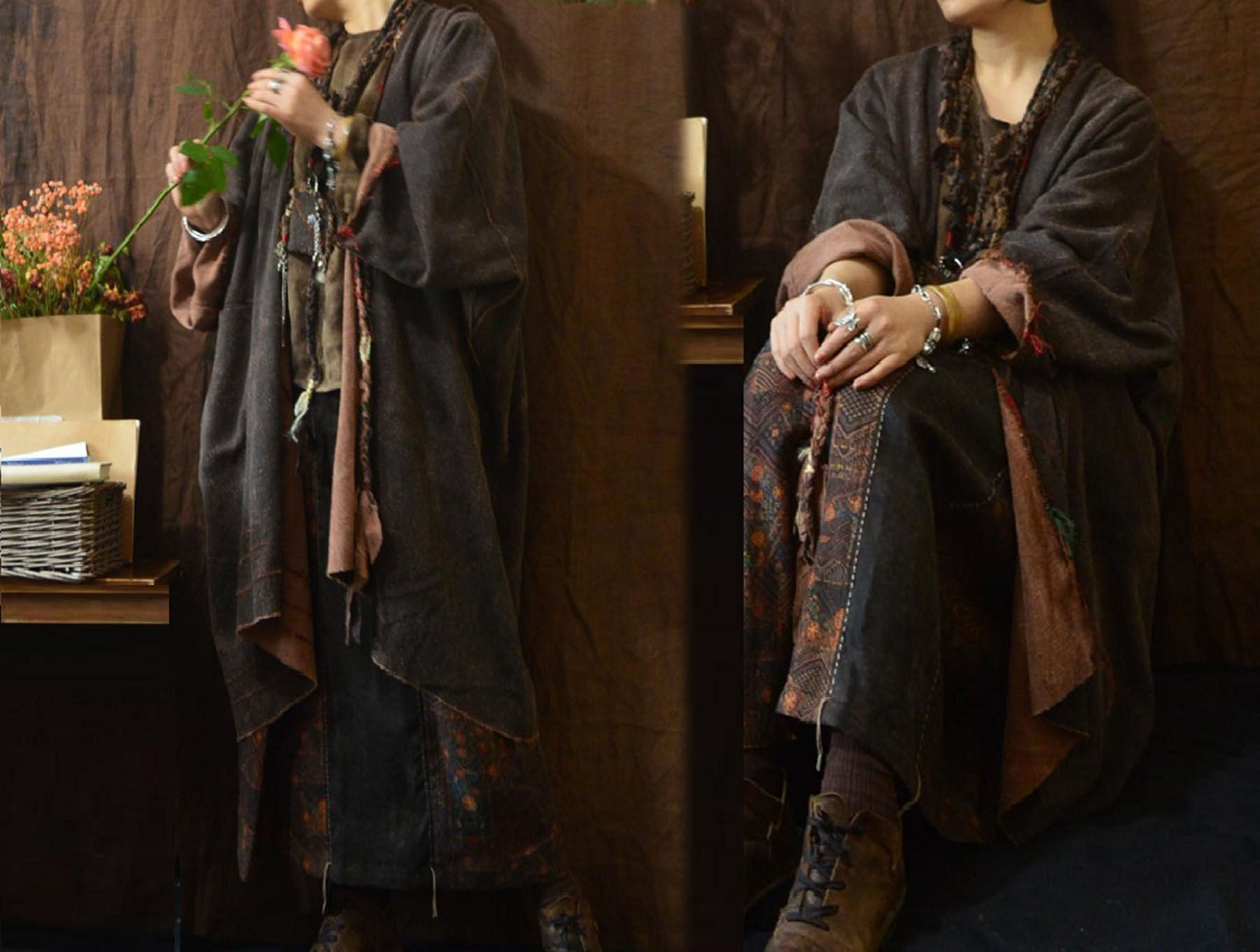 edoa Loose Fitting Mud Tussah Silk Jacquard Cardigan Coat 