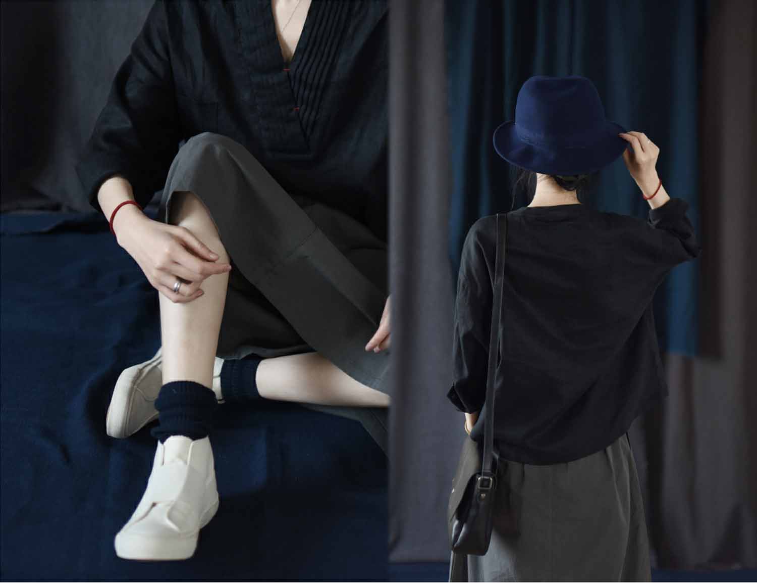 edoa Black V Neckline Pintucked French Linen Shirt