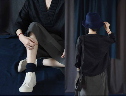 edoa Black V Neckline Pintucked French Linen Shirt