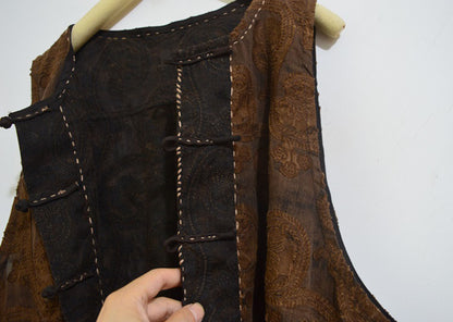 Reversible Mud Silk Linen Blend Jacquard Chinese Vest to0167 A622