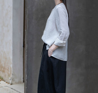 edoa White Linen Button Down Chinese Blouse