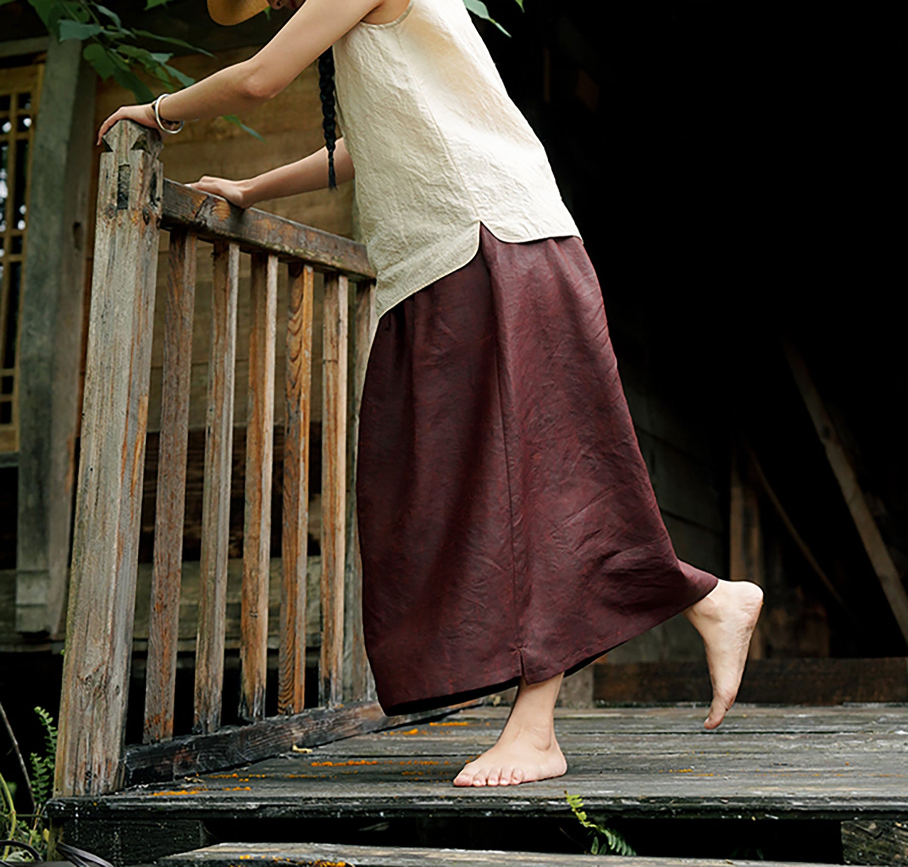 edoa Rusty Red Cracked Mud Silk Midi Skirt