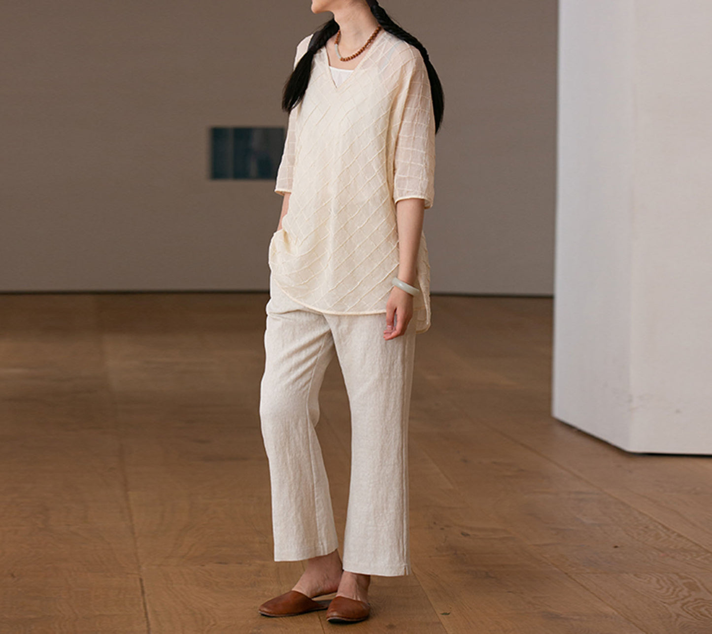 edoa High Counted Cotton Pintucked V-neck Blouse 