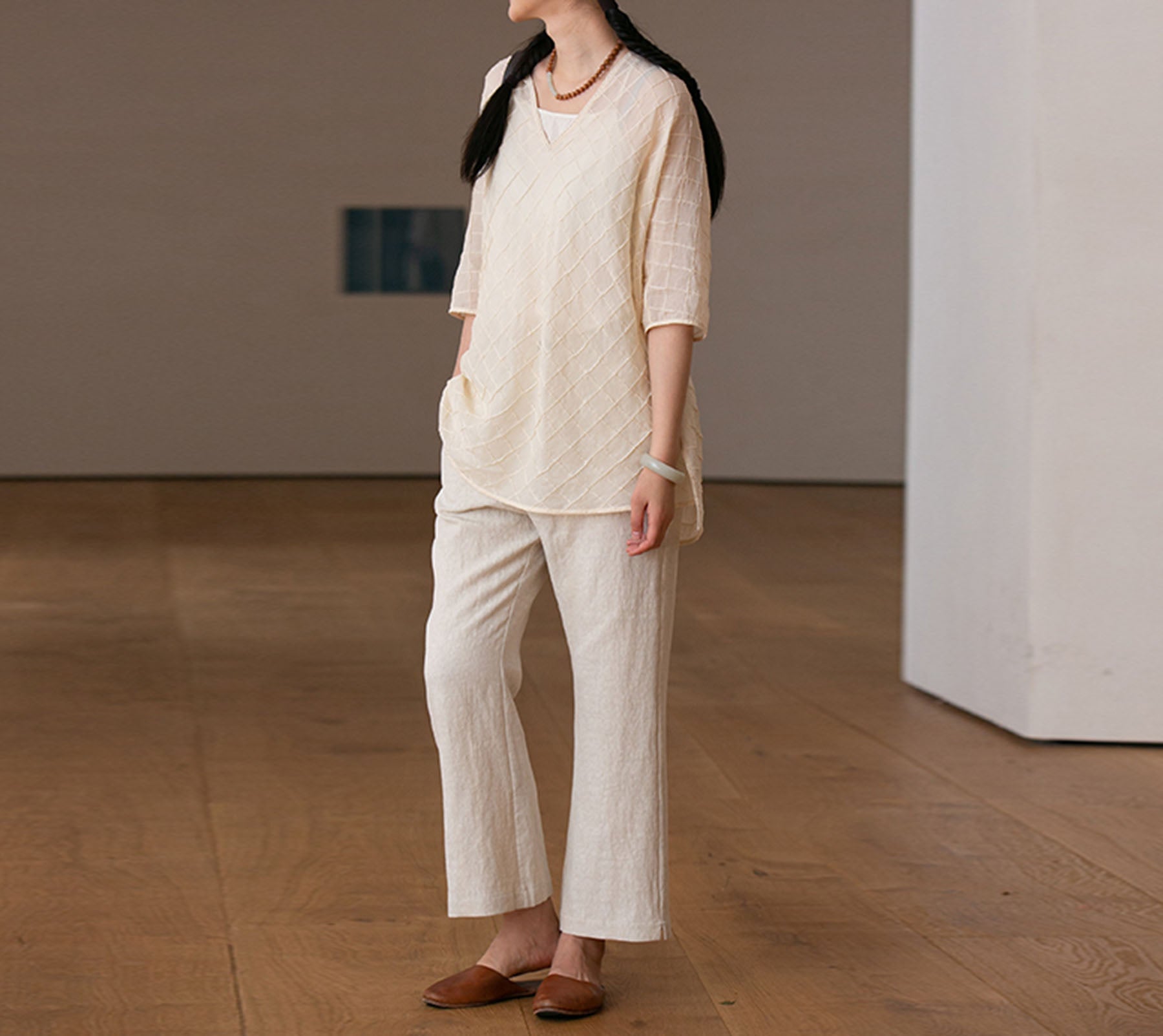 edoa High Counted Cotton Pintucked V-neck Blouse 