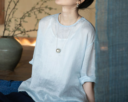 edoa High Counted Ramie 3/4 Sleeves Blouse 