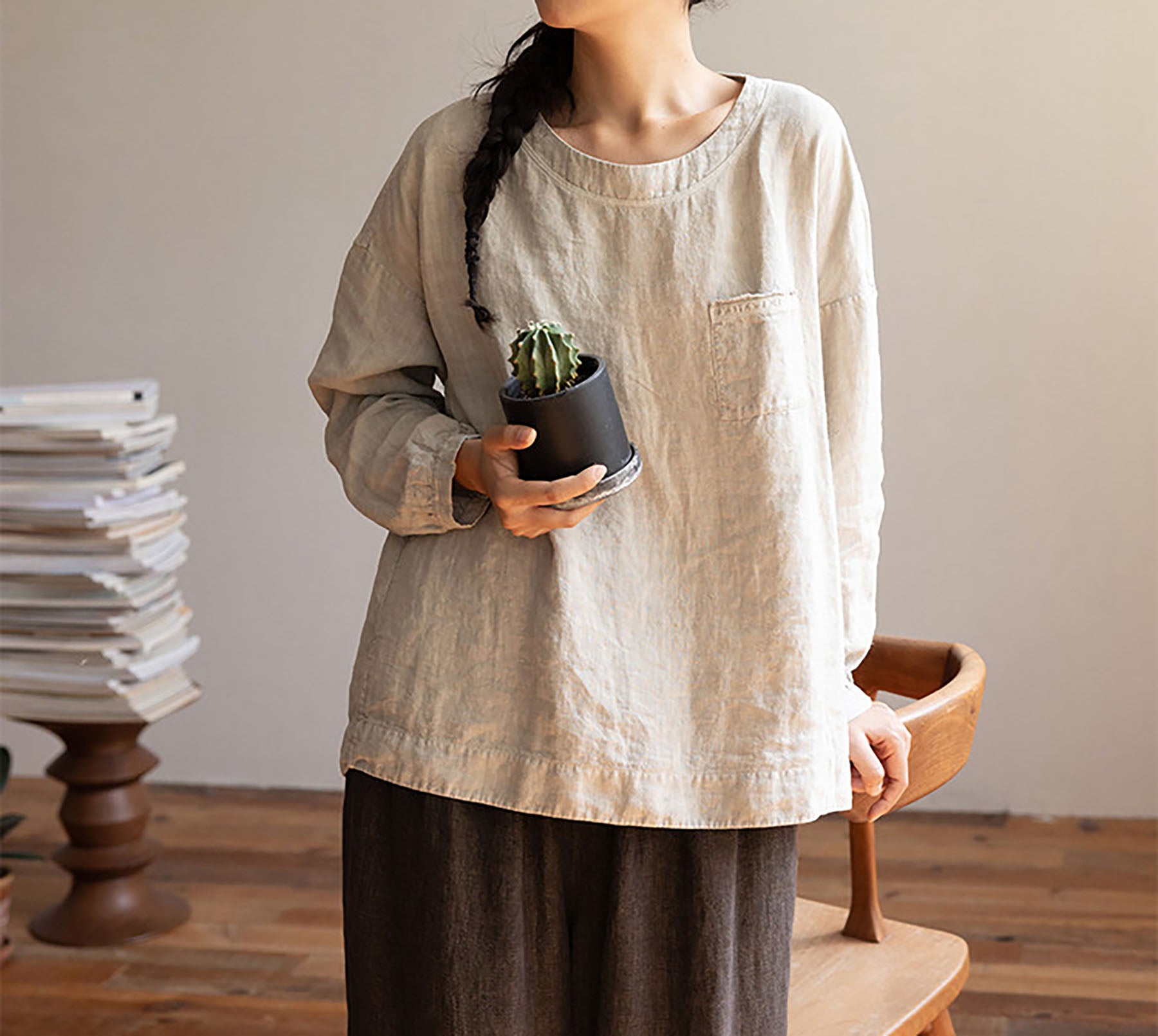 edoa Loose Fit Linen Long Sleeve Pullover Shirt 