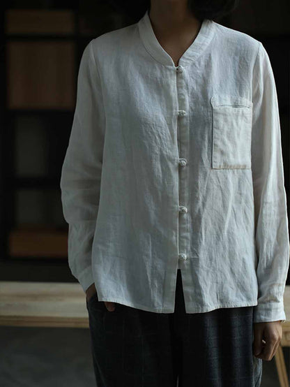 edoa Stand Collar Off White Linen Shirt 